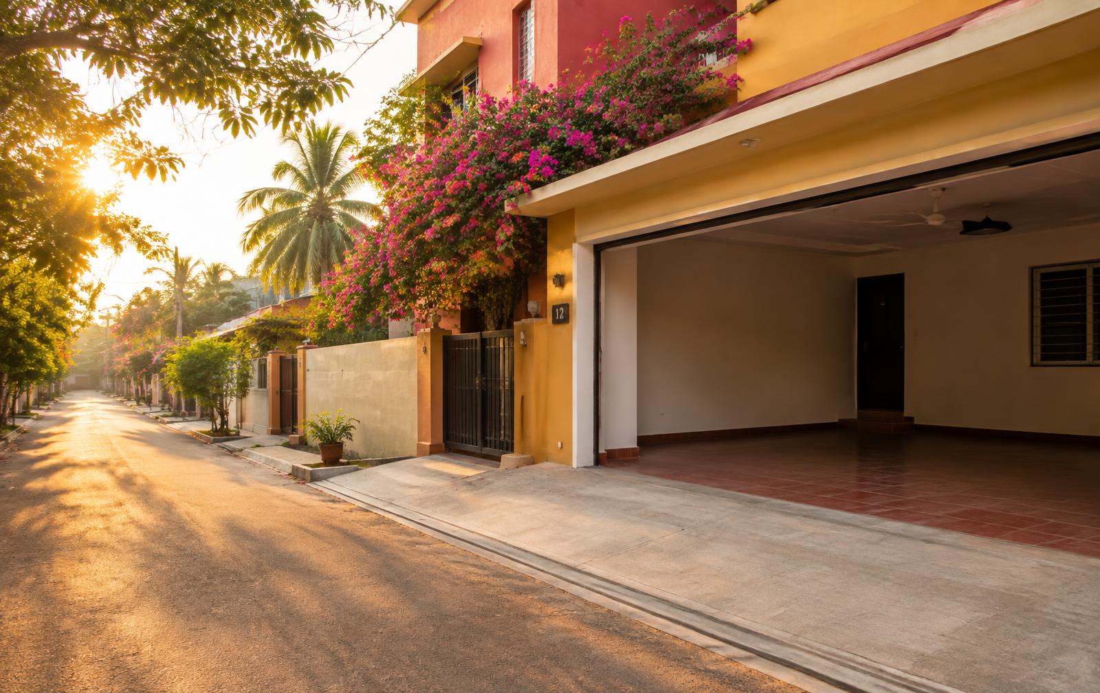 Empty driveway and garage on a sunny Chennai street